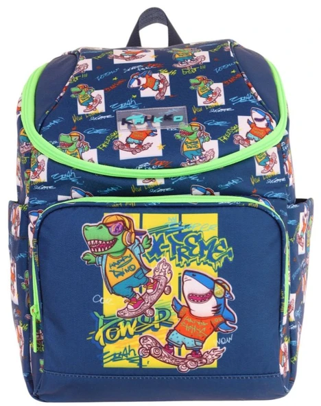 Kaukko İki Bölmeli Ergonomik Erkek Çocuk Okul Çantası (Lacivert Yeşil - Dinazor Baskılı) - L5256 - Resim 2