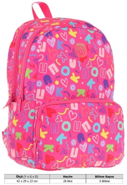 Kaukko Kız Çocuk Kalp ve Kaukko Baskılı Pembe Okul Çantası - Üç Bölmeli - K1783 - Resim 3