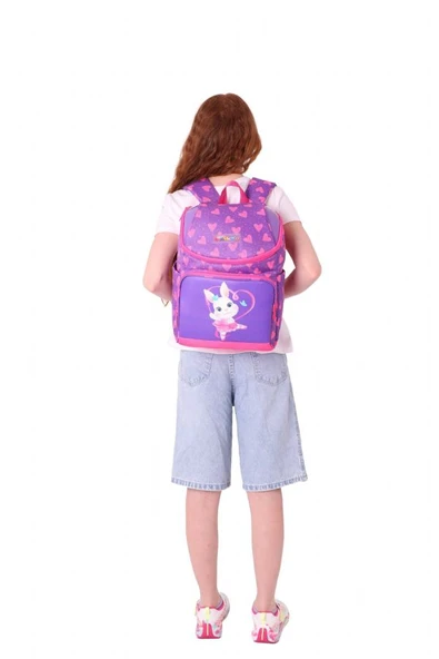 Kaukko İki Bölmeli Ergonomik Kız Çocuk Okul Çantası (Pembe Mor - Kalpli Tavşan Desenli) - L5246 - 6