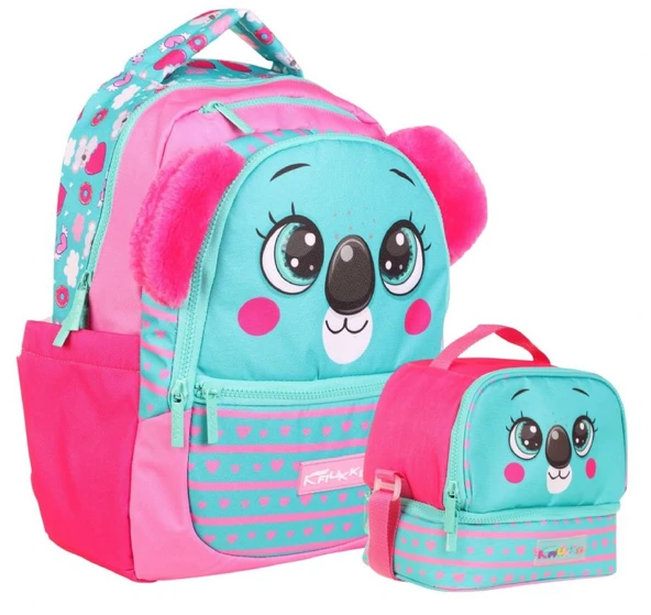 Kaukko Kids Sevimli Koala Şekilli Kız Çocuk Okul Çantası ve Beslenme Çantası Seti - Yeşil Kırmızı ürün görseli