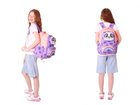 Kaukko Kız Çocuk 3D Panda Şekilli Mor Somon Okul Sırt Çantası ve Isı Yalıtımlı Beslenme Çantası Seti - Resim 3