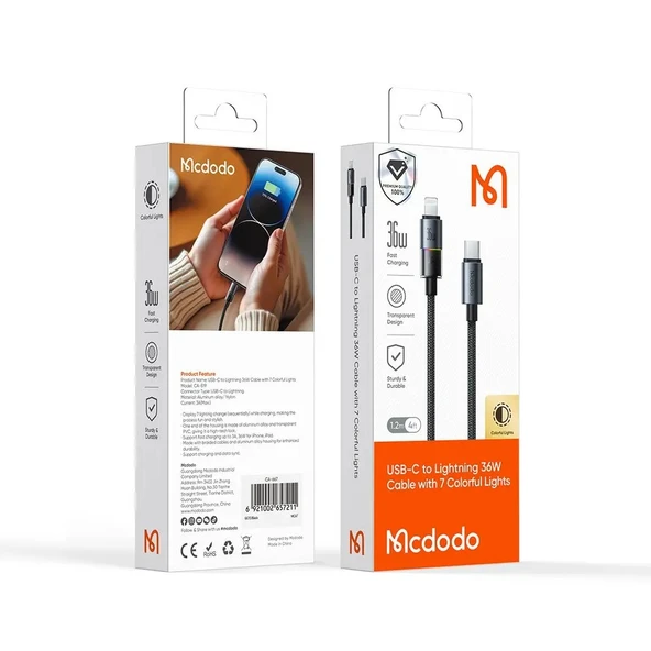 Mcdodo CA-8190 Typec To iPhone 36W 7 Renkli LED Işıklı Şarj Data Kablosu - 4