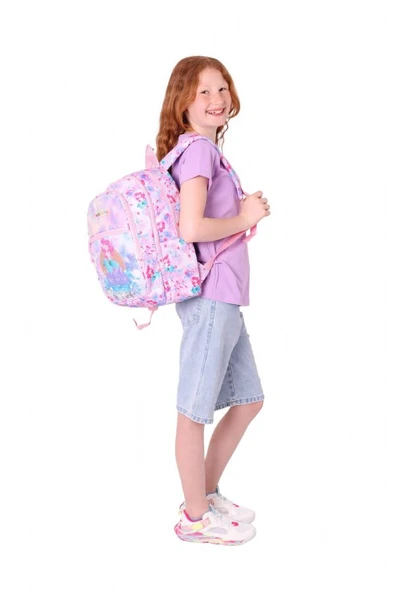 Kaukko Kids Kız Çocuk (Pembe Mavi - Pullu Denizkızı Desenli) Dört Gözlü Okul Sırt Çantası - L5217 - Resim 5