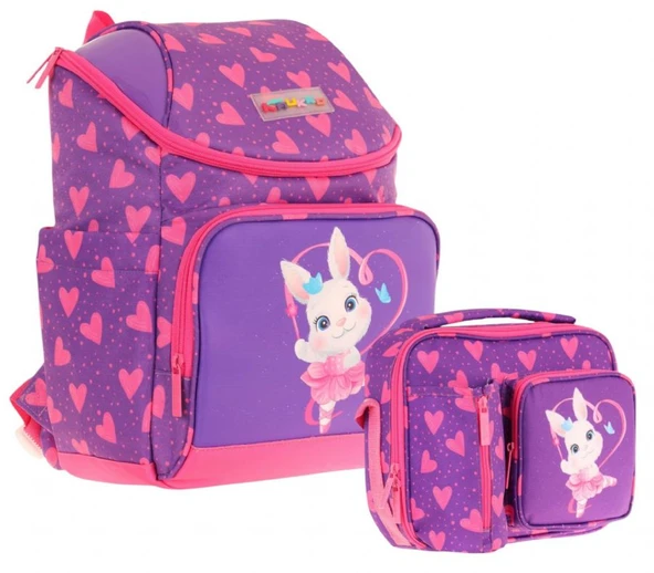 Kaukko L5246+L7246 Okul Sırt Çantası + Beslenme Çantası Seti - Mor Pembe - Kalpli Tavşan - Kız Çocuk ürün görseli 1