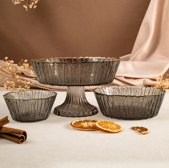 Fecra Rita 3'lü Cam Kase Seti Antrasit Altın Fileli - 5