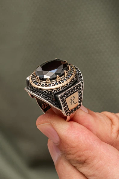 Siyah Taşlı Harfli 925 Erkek Gümüş Yüzük ürün görseli