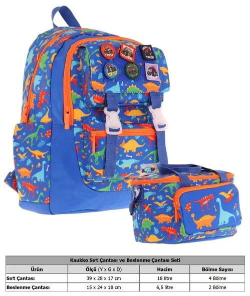 Kaukko L5278+L7278 Erkek Çocuk İkili Okul Çantası ve Beslenme Çantası Seti - Mavi - Armalı Dinazor Desenli - Resim 2