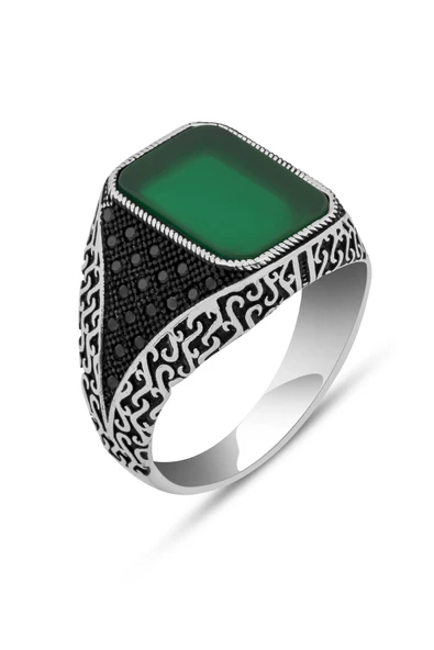 Yeşil Akik Taşlı 925 Erkek Gümüş Yüzük - Resim 2