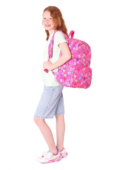 Kaukko Kız Çocuk Kalp ve Kaukko Baskılı Pembe Okul Çantası - Üç Bölmeli - K1783 - Resim 5