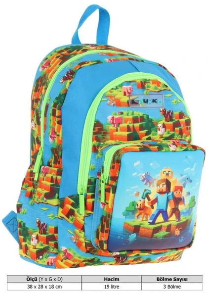 Kaukko Kids Üç Bölmeli (Mavi Yeşil - Craft Baskılı) Erkek Çocuk Okul ve Günlük Sırt Çantası - L5280 - Resim 4