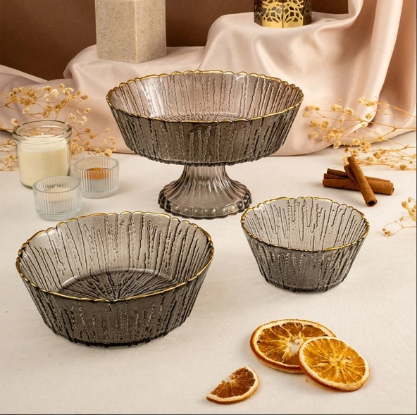 Fecra Rita 3'lü Cam Kase Seti Antrasit Altın Fileli - 6