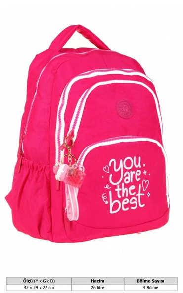 Kaukko Crazy Dört Bölmeli Kız Çocuk/Kadın Okul ve Günlük Sırt Çantası - Pembe (Krinkıl Kumaş) K1679 - Resim 4