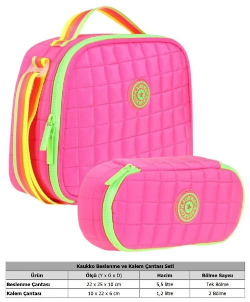 Kaukko Kapitone Okul Termoslu Beslenme Çantası ve Organizer Kalemlik Seti - Kız Çocuk - Pembe Yeşil - 2