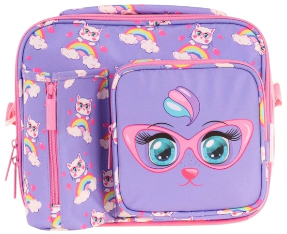 Kaukko Kız Çocuk, Lila Pembe, Kedi Baskılı Isı Yalıtımlı Üç Bölmeli (Matara Cepli) Okul Beslenme Çantası L7236 - 2