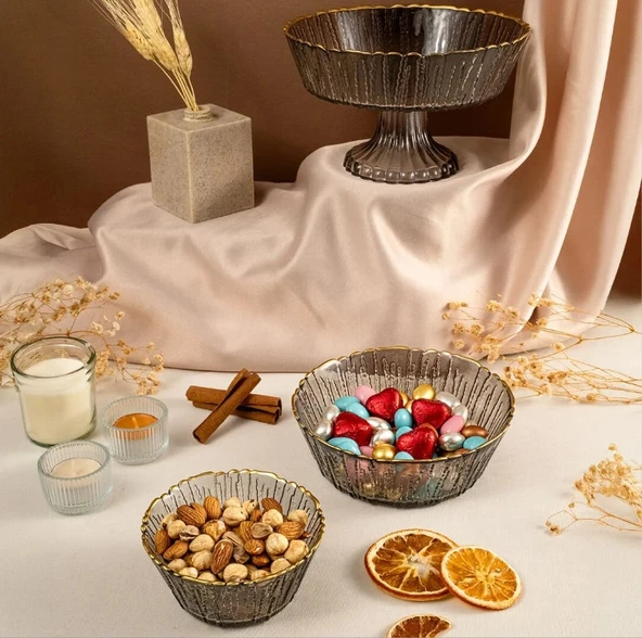 Fecra Rita 3'lü Cam Kase Seti Antrasit Altın Fileli - 2