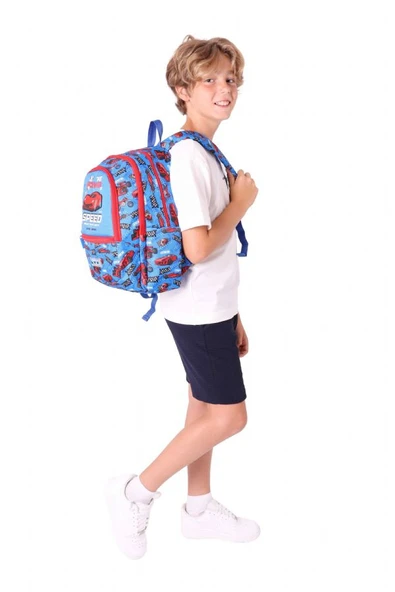 Kaukko Üç Bölmeli Erkek Çocuk İlkokul Sırt Çantası (L5268) - Mavi Kırmızı - Yarış Arabası Desenli - Resim 5