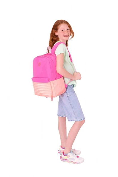Kaukko Quick Kız Çocuk Üç Bölmeli Pembe Turuncu Kapitone Detaylı Okul Sırt Çantası - K1789 - Resim 5
