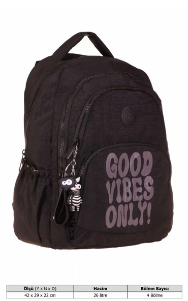 Kaukko Crazy Dört Bölmeli Erkek Okul ve Günlük Sırt Çantası - Siyah (Krinkıl Kumaş) K1677 - Resim 4