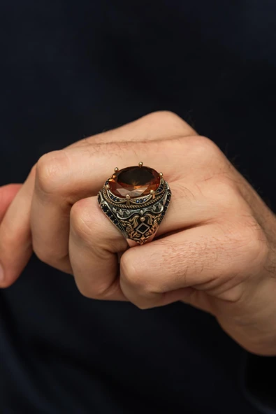 Fetih Koleksiyonu Zultanit Taşlı 925 Erkek Gümüş Yüzük - Resim 4