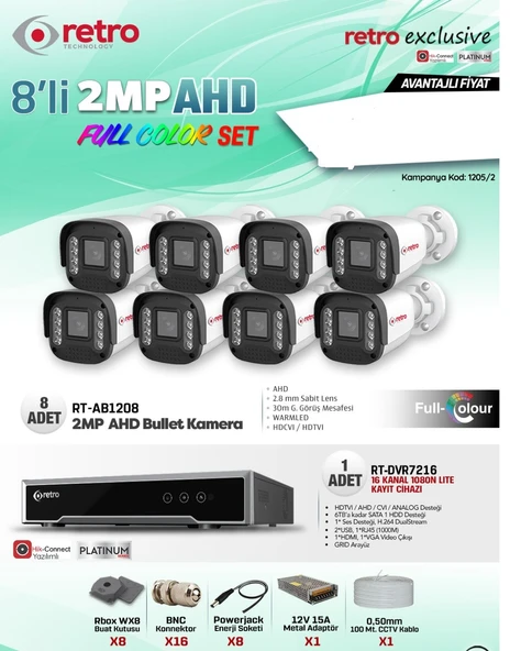 RETRO EXCLUSİVE 2MP AHD 8Lİ SET 1205/2 kamera kayıt set sistemi - 1