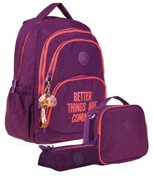 Kaukko Mor Kız Çocuk Üçlü Okul Çanta Seti - Krinkıl Kumaş - K1678+K9002+K2643 ürün görseli 1