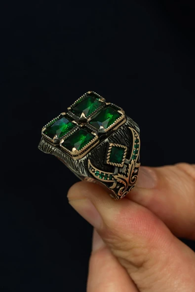 4 Yeşil Taşlı Kılıç Model 925 Erkek Gümüş Yüzük - Resim 8