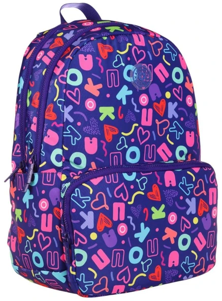 Kaukko Kız Çocuk Kalp ve Kaukko Baskılı Lacivert Okul Çantası - Üç Bölmeli - K1782 ürün görseli