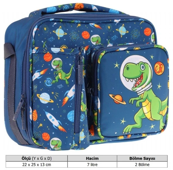 Kaukko Erkek Çocuk, Lacivert Yeşil, Dinazor Baskılı Isı Yalıtımlı Üç Bölmeli (Matara Cepli) Okul Beslenme Çantası L7252 - 3