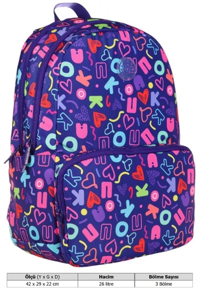 Kaukko Kız Çocuk Kalp ve Kaukko Baskılı Lacivert Okul Çantası - Üç Bölmeli - K1782 - Resim 4