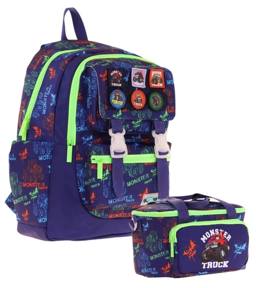 Kaukko L5279+L7279 Erkek Çocuk İkili Okul Çantası ve Beslenme Çantası Seti - Lacivert Yeşil - Armalı Kamyon Desenli ürün görseli