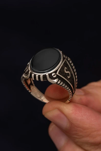 Siyah Oniks Taşlı Harfli 925 Erkek Gümüş Yüzük - Resim 6