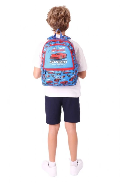 Kaukko Üç Bölmeli Erkek Çocuk İlkokul Sırt Çantası (L5268) - Mavi Kırmızı - Yarış Arabası Desenli - Resim 6