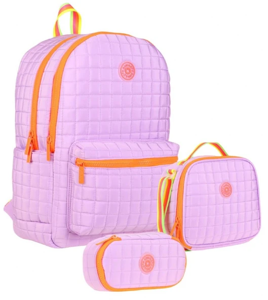 Kaukko Quilted Mor Turuncu Kapitone Üçlü Okul Çantası Seti - Kız Çocuk ürün görseli