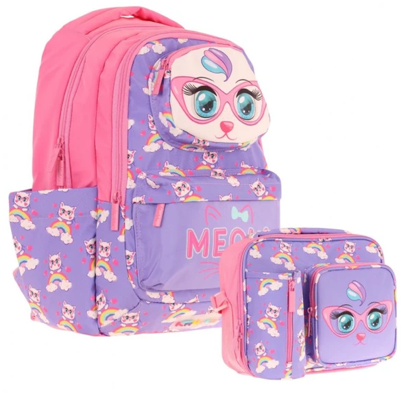 Kaukko Kız Çocuk 3D Kedi Şekilli Mor Pembe Okul Sırt Çantası ve Isı Yalıtımlı Beslenme Çantası Seti ürün görseli