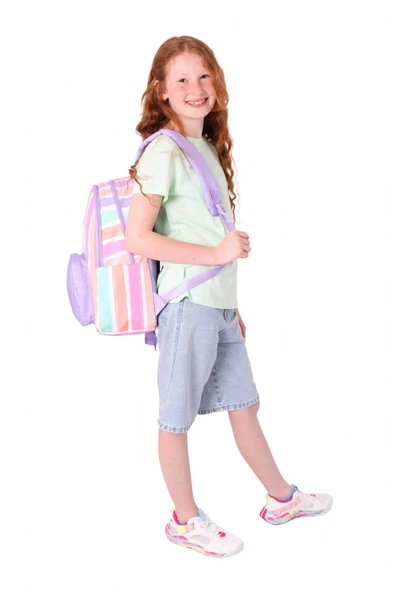 Kaukko Rainbow Kız Çocuk Üç Bölmeli İlkokul ve Ortaokul Çantası - Mor Çok Renkli Çizgili - K1801 - Resim 5