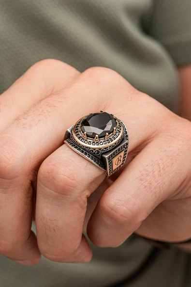 Siyah Taşlı Harfli 925 Erkek Gümüş Yüzük - Resim 2