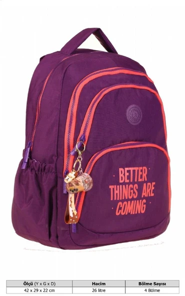 Kaukko Crazy Dört Bölmeli Kız Çocuk/Kadın Okul ve Günlük Sırt Çantası - Mor (Krinkıl Kumaş) K1678 - Resim 4
