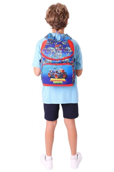 Kaukko İki Bölmeli Ergonomik Erkek Çocuk Okul Çantası (Lacivert Kırmızı - Kamyon Desenli) - L5257 - Resim 6
