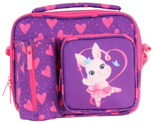 Kaukko Kız Çocuk, Mor Pembe, Kalpli Tavşan Desenli Isı Yalıtımlı Üç Bölmeli (Matara Cepli) Okul Beslenme Çantası L7246 - 2