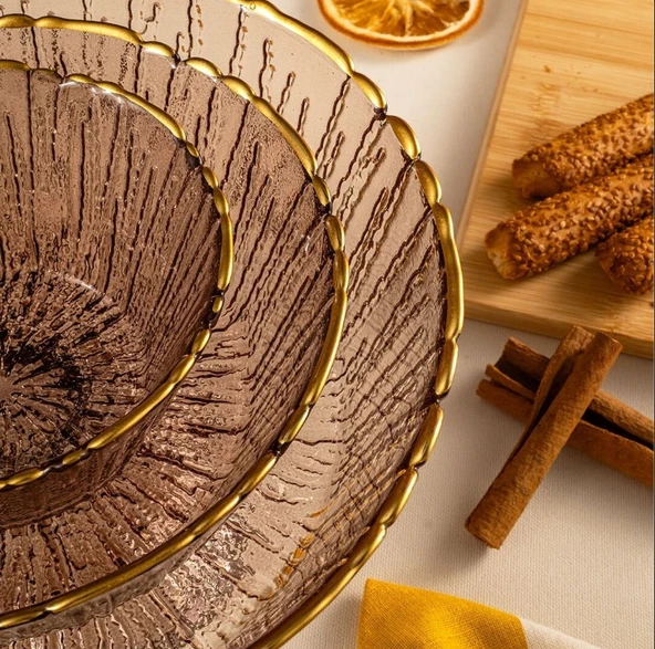 Fecra Rita 3'lü Cam Kase Seti Kahve Altın Fileli - 5