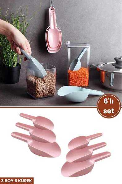 6 Adet Baharat Küreği, Un Şeker Bakliyat Kakao Mama Deterjan Erzak Kaşığı 6’lı Set 2x(3 Boy) Pembe