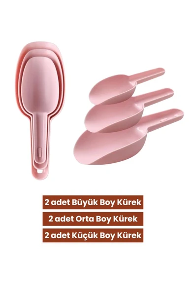 6 Adet Baharat Küreği, Un Şeker Bakliyat Kakao Mama Deterjan Erzak Kaşığı 6’lı Set 2x(3 Boy) Pembe - 2