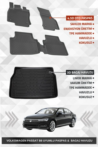 Sahler Volkswagen Passat B8 2015-2023 Uyumlu 4.5D Premium Havuzlu Oto Paspas ve Liner Marka 3D Bagaj Havuzu ürün görseli