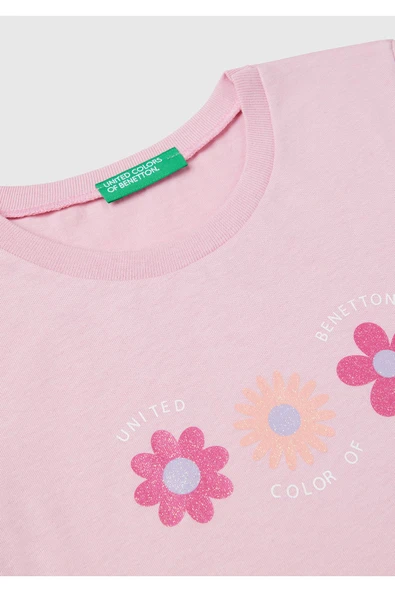 Kız Çocuk Pembe Simli Benetton Logo Baskılı T-Shirt - 3