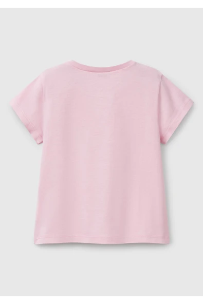 Kız Çocuk Pembe Simli Benetton Logo Baskılı T-Shirt - 2