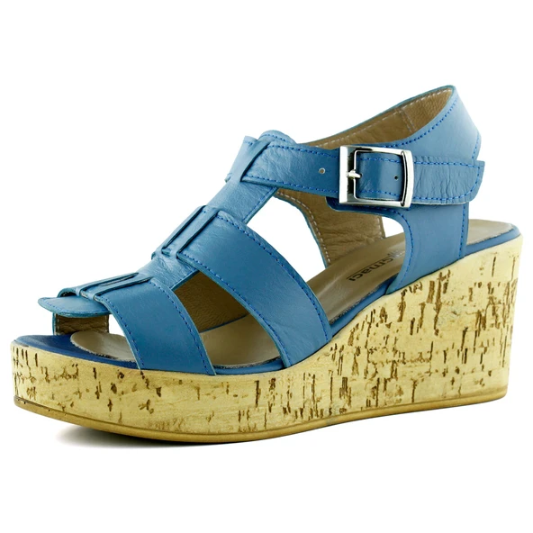 Erkan Saçmacı Xena Mavi Hakiki Dana Derisi Mantar Taban Görünümlü Dolgu Topuklu Gladyatör Sandalet