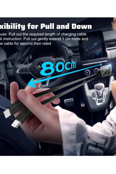 ACL ACC-01 RGB Işıklı 66W Araç Şarj Cihazı | 4in1 Geri Çekilebilir Kablo | Type-C + Lightning | Yıldızlı Tavan Efekti - 5