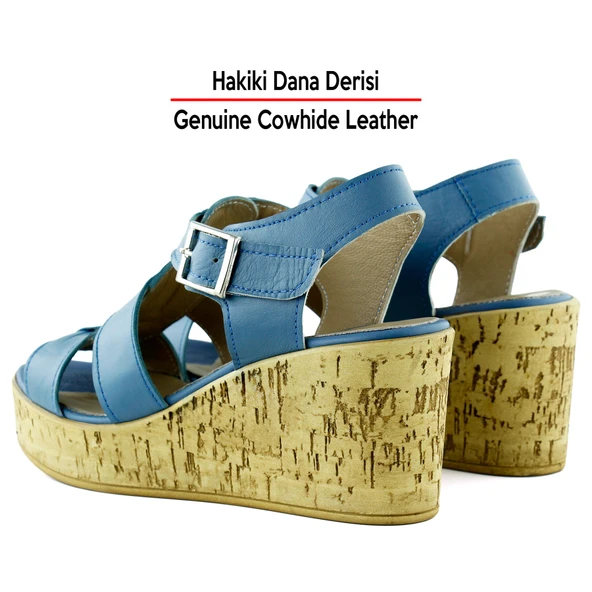 Erkan Saçmacı Xena Mavi Hakiki Dana Derisi Mantar Taban Görünümlü Dolgu Topuklu Gladyatör Sandalet - 5