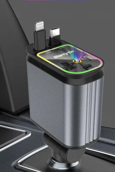ACL ACC-01 RGB Işıklı 66W Araç Şarj Cihazı | 4in1 Geri Çekilebilir Kablo | Type-C + Lightning | Yıldızlı Tavan Efekti - 6