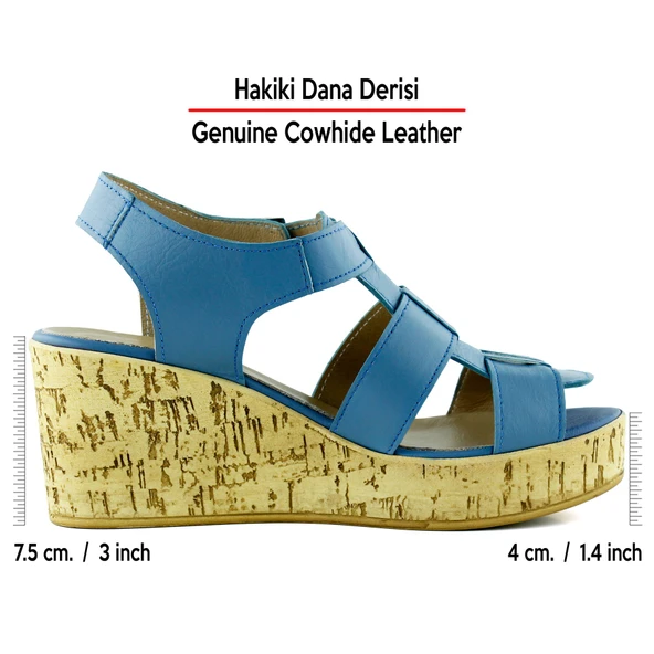 Erkan Saçmacı Xena Mavi Hakiki Dana Derisi Mantar Taban Görünümlü Dolgu Topuklu Gladyatör Sandalet - 2